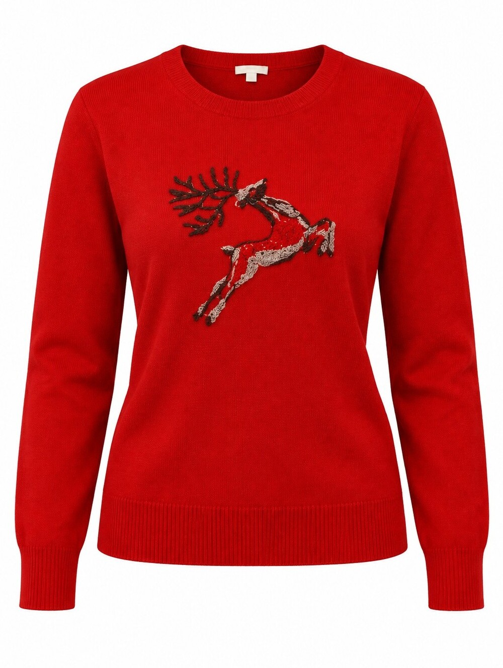 New York & Company Red Crewneck Sweater with Sequin Reindeer